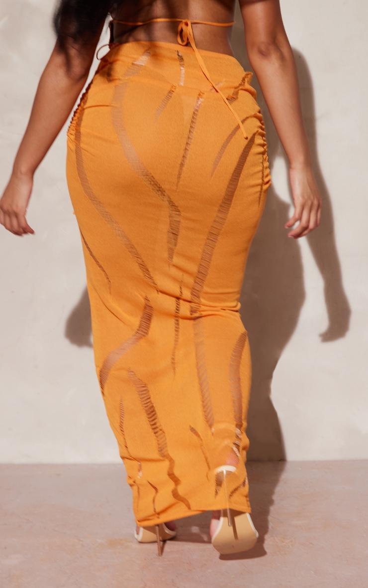 Shape Bright Orange Knit Ladder Detailed Low Rise Ruched Side Maxi Skirt Product Image