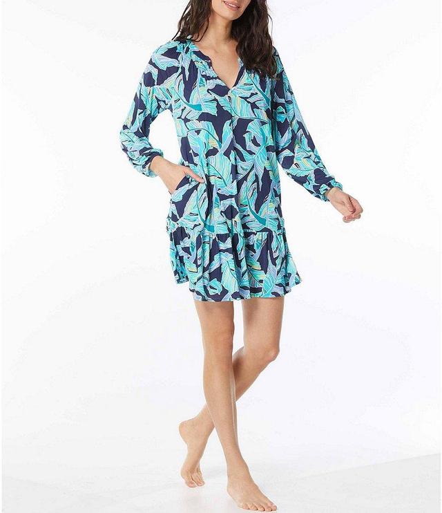 Beach House Seaglass Palm Print Ruffle Tiered Swim Cover-Up Dress Product Image