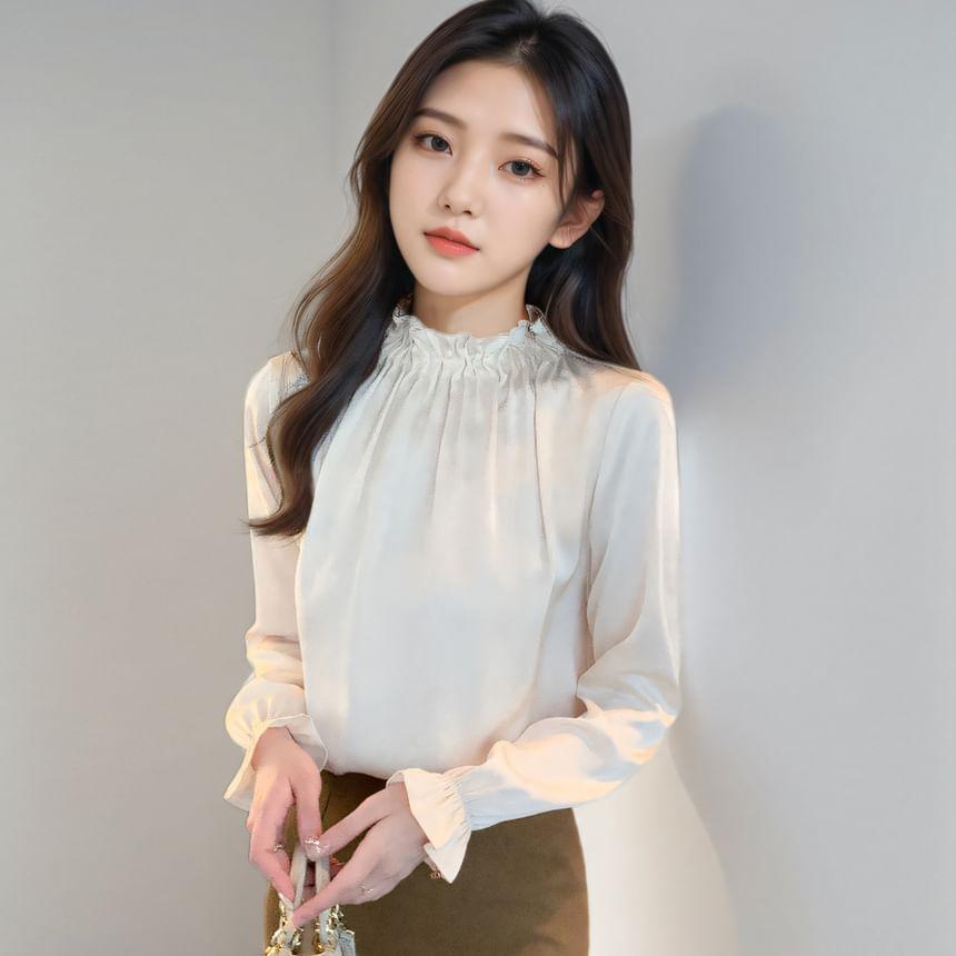 Long-Sleeve Plain Frill Trim Blouse Product Image