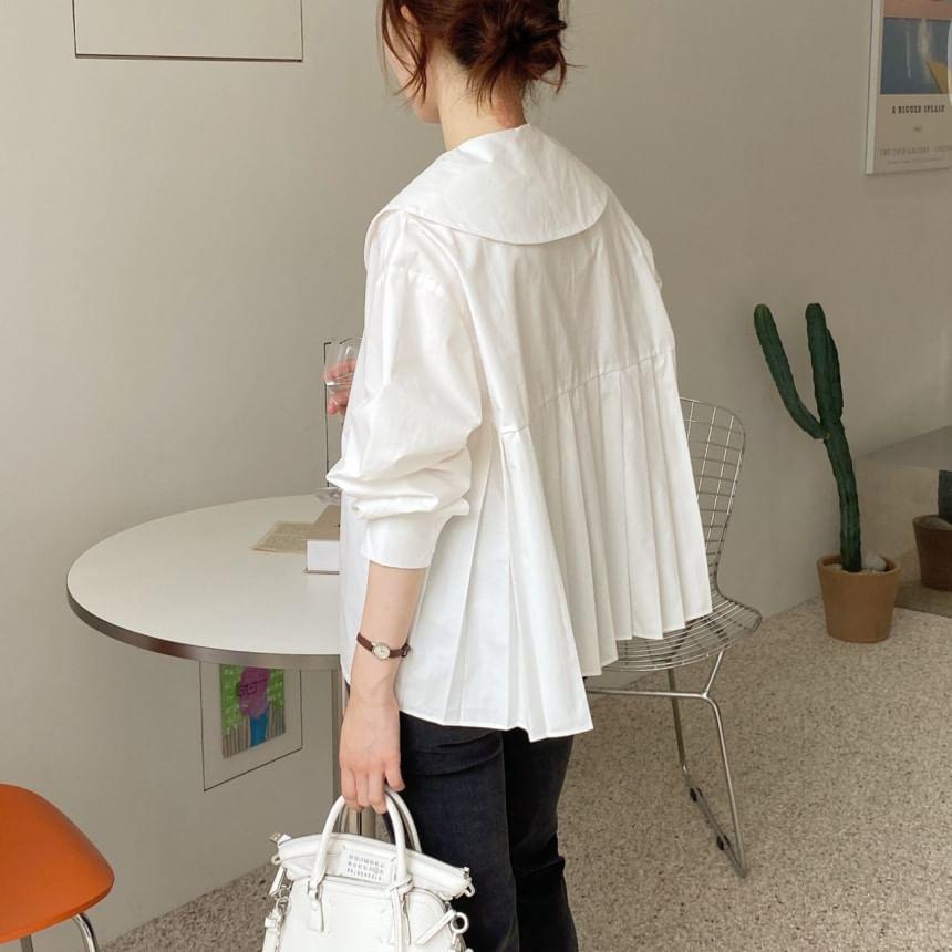 Long-Sleeve Button-Up Plain Babydoll Blouse Product Image