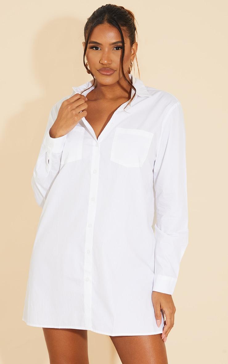 White Long Sleeve Button Shirt Dress Product Image