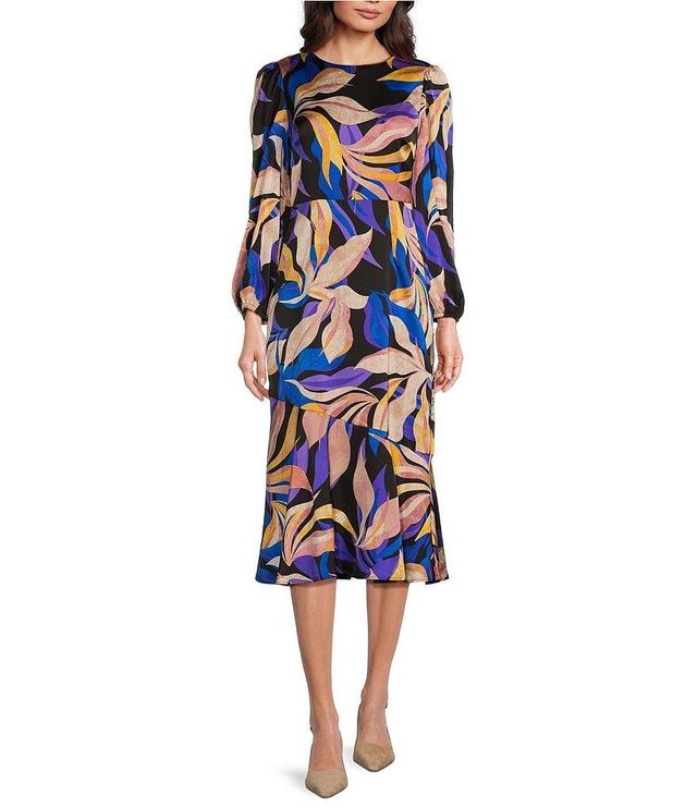 Maggy London Floral Leaf Print Light Charmeuse Round Neck Long Sleeve Dress Product Image