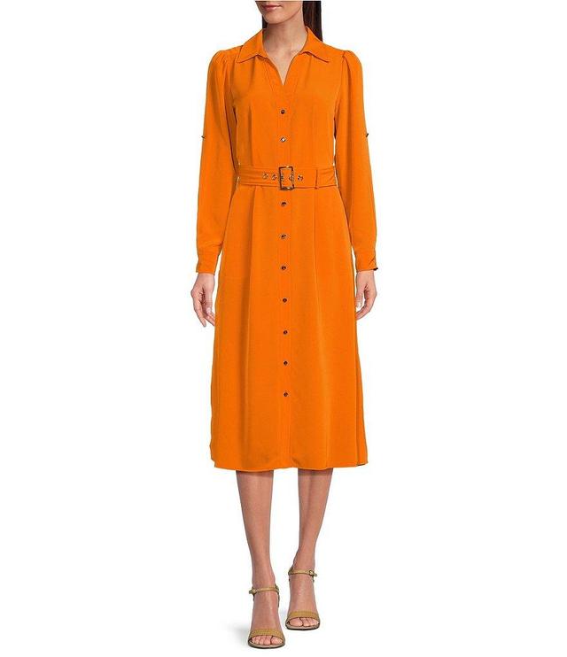 KARL LAGERFELD PARIS Silky Crepe Collar V-Neck Long Sleeve Button Front Midi Dress Product Image