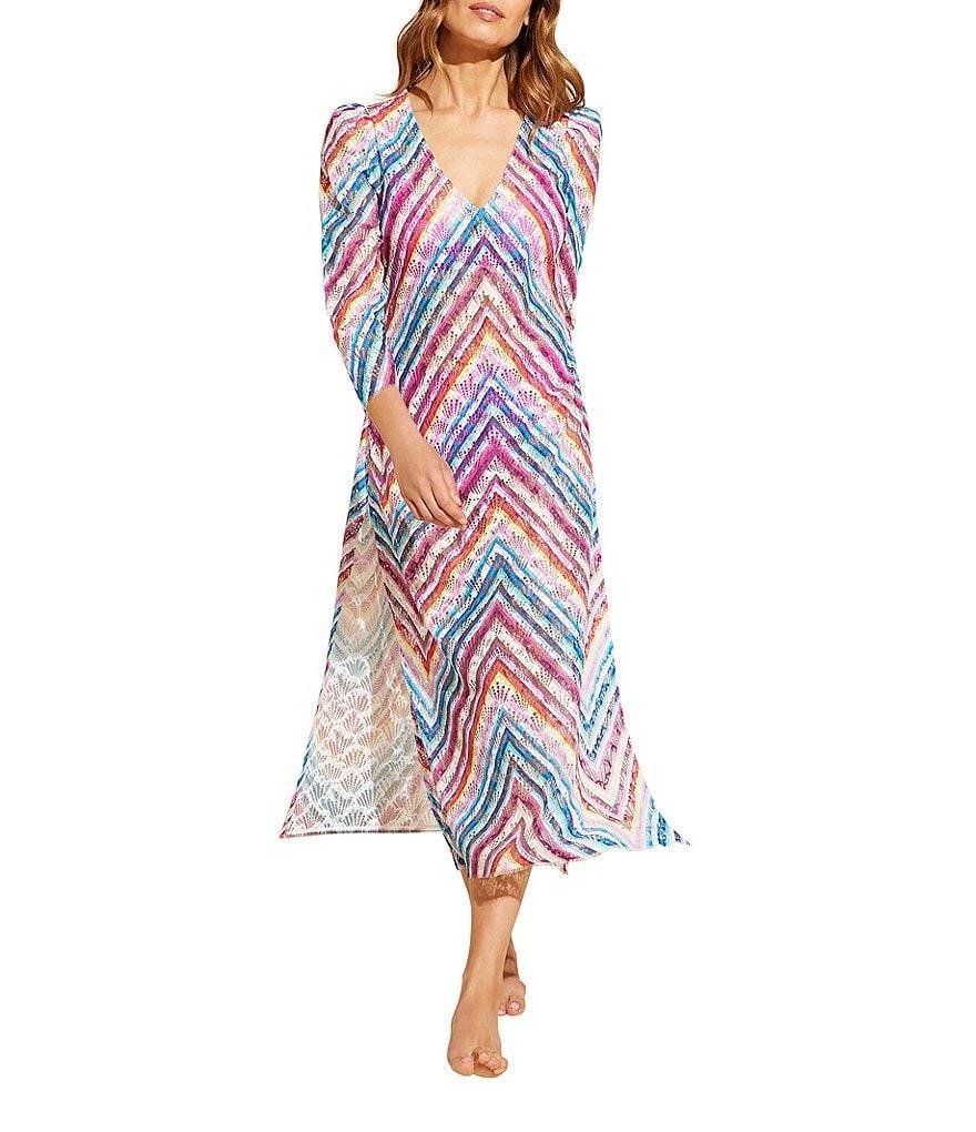 STYLEST AQUALACE™ Rainbow Chevron Stripe Lace Puff Sleeve Belted Caftan Swim Cover-Up Dress Product Image