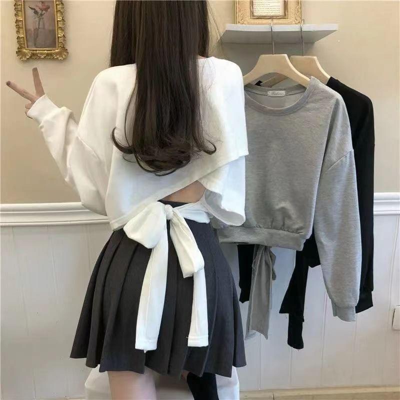 Round Neck Asymmetrical Bow Back Cropped Pullover Product Image