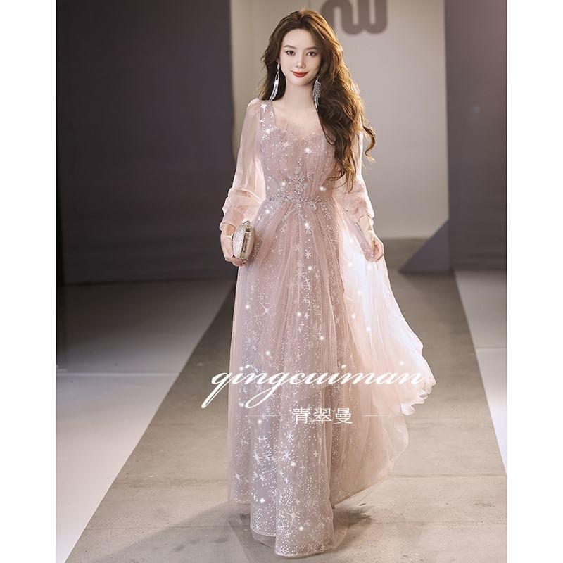 Long-Sleeve V-Neck Sequin Mesh A-Line Evening Gown Product Image