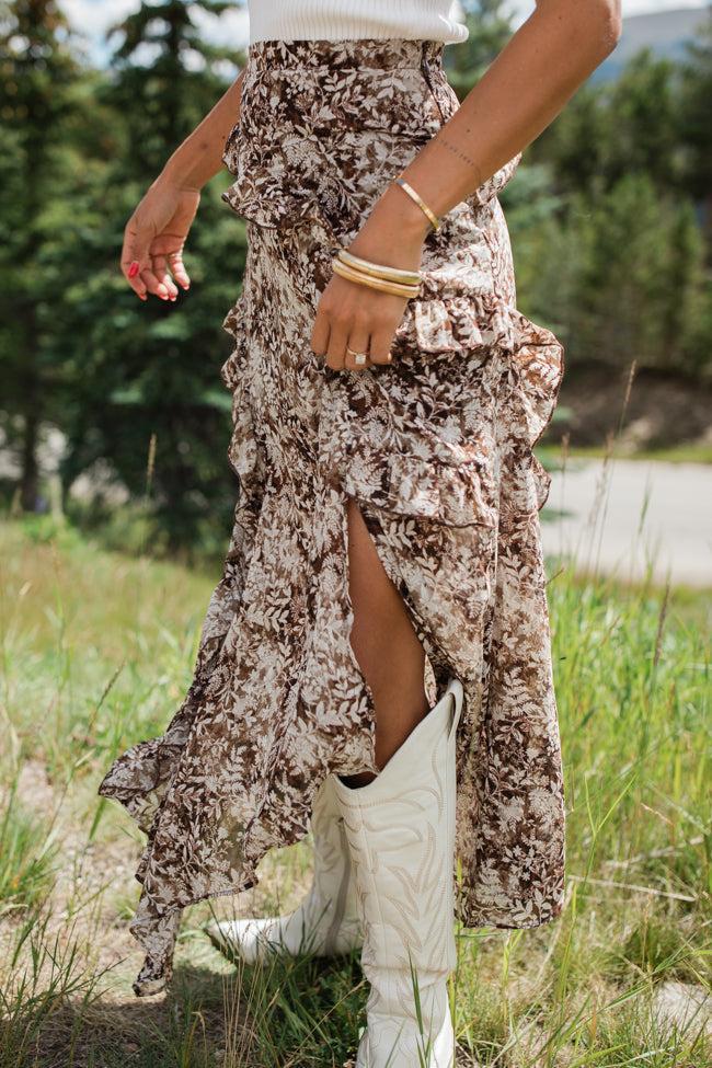 The Way Love Goes Brown Floral Ruffled Detail Midi Skirt FINAL SALE Product Image