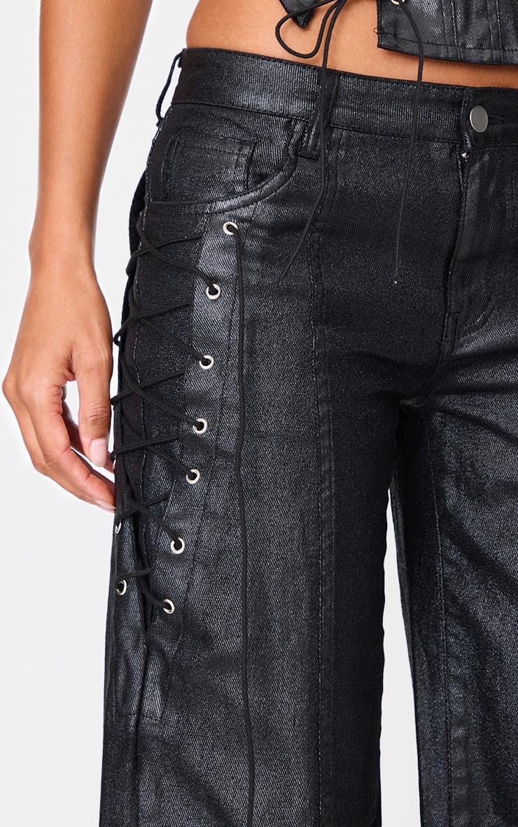 Black Coated Denim Lace Up Wide Leg Jean Product Image