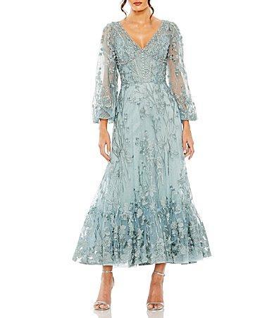 Mac Duggal Floral Embellished Long Puff Sleeve V Product Image