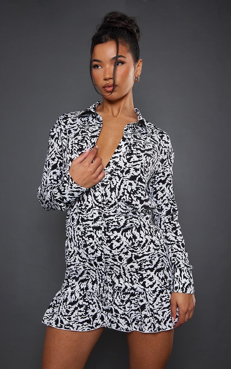 Multi Abstract Print Cuff Sleeve Frill Hem Shirt Dress Product Image