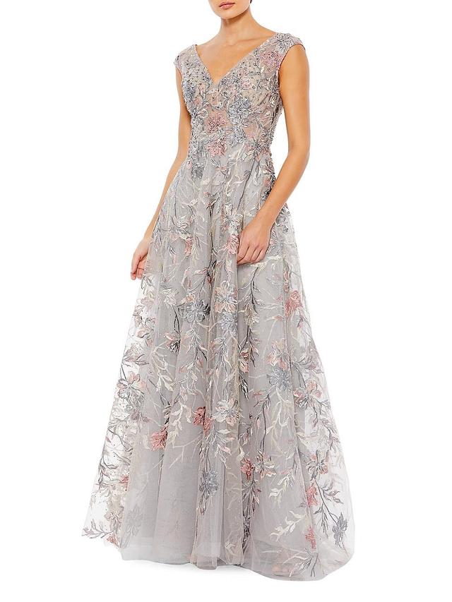 Womens Embellished Floral Cap-Sleeve Gown Product Image