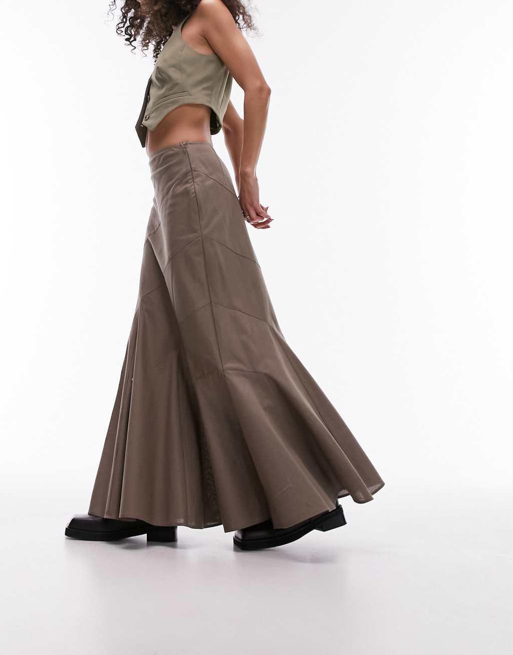 Topshop tiered Disjointed Midi Skirt in Taupe Product Image