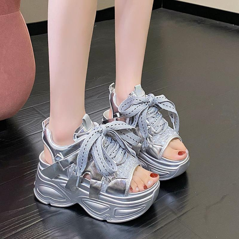 Platform Sequin Lace-Up Slingback Sandals Product Image