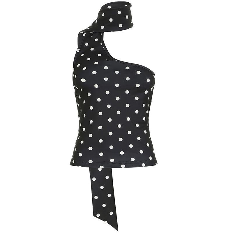 One Shoulder Scarf Collar Dotted Slim-Fit Tank Top Product Image