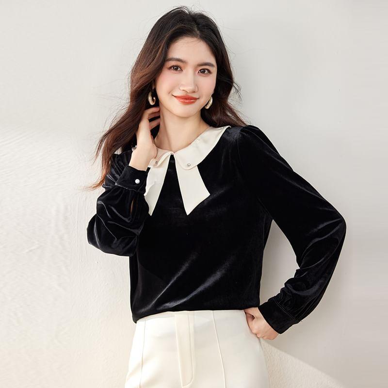 Long-Sleeve Two Tone Velvet Blouse Product Image