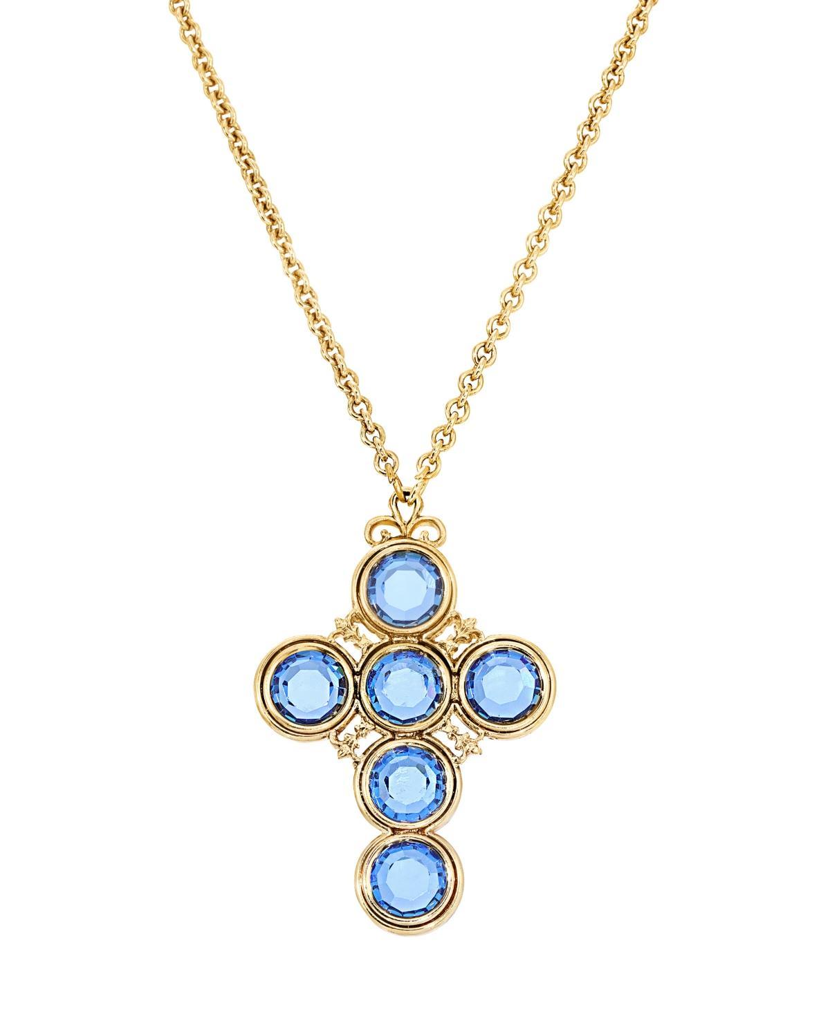 1928 Gold Tone Blue Simulated Crystal Cross Pendant Necklace, Womens Product Image