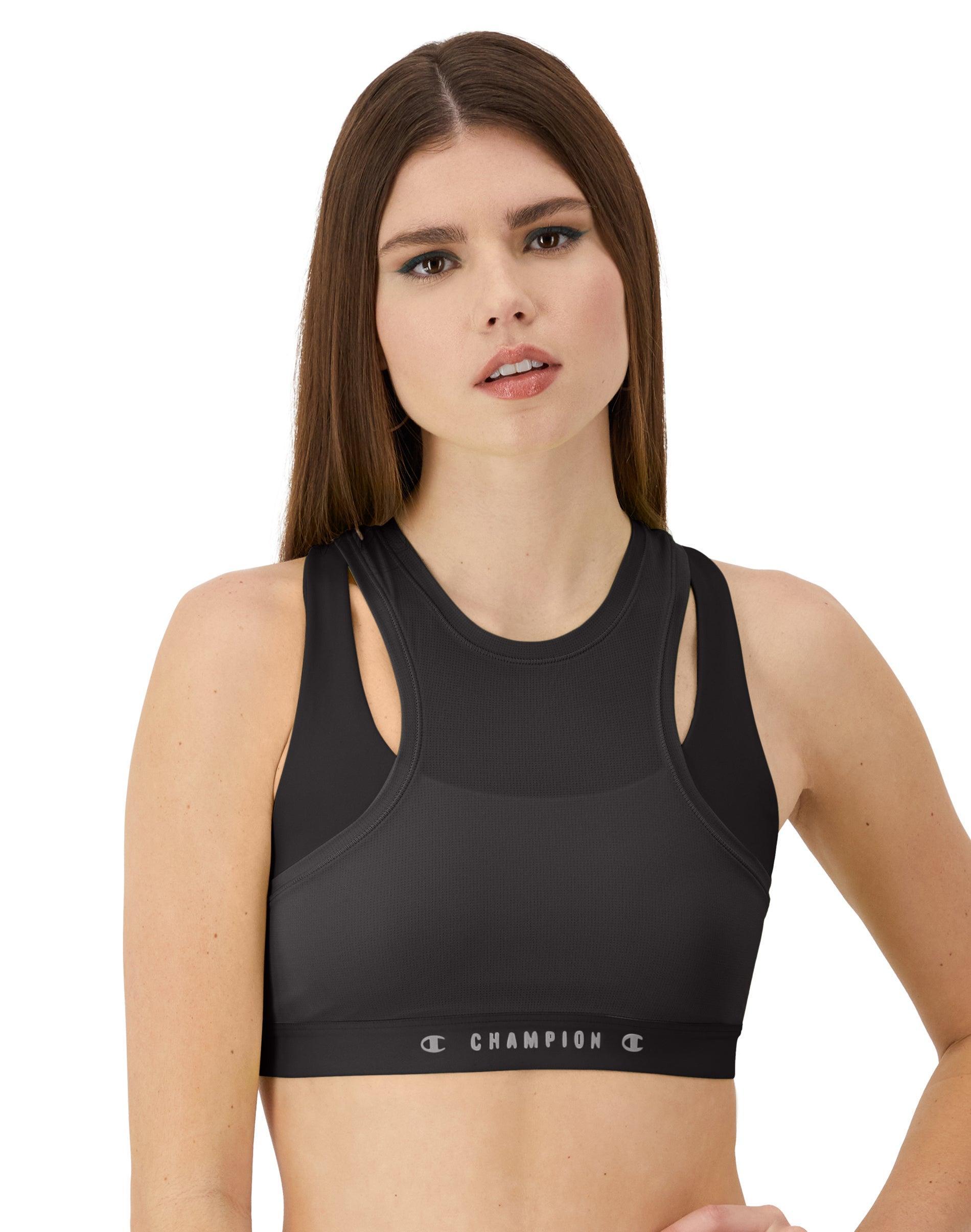 Womens Champion Absolute Mesh 2-Fer Sports Bra, Classic Script Graphic White S Product Image