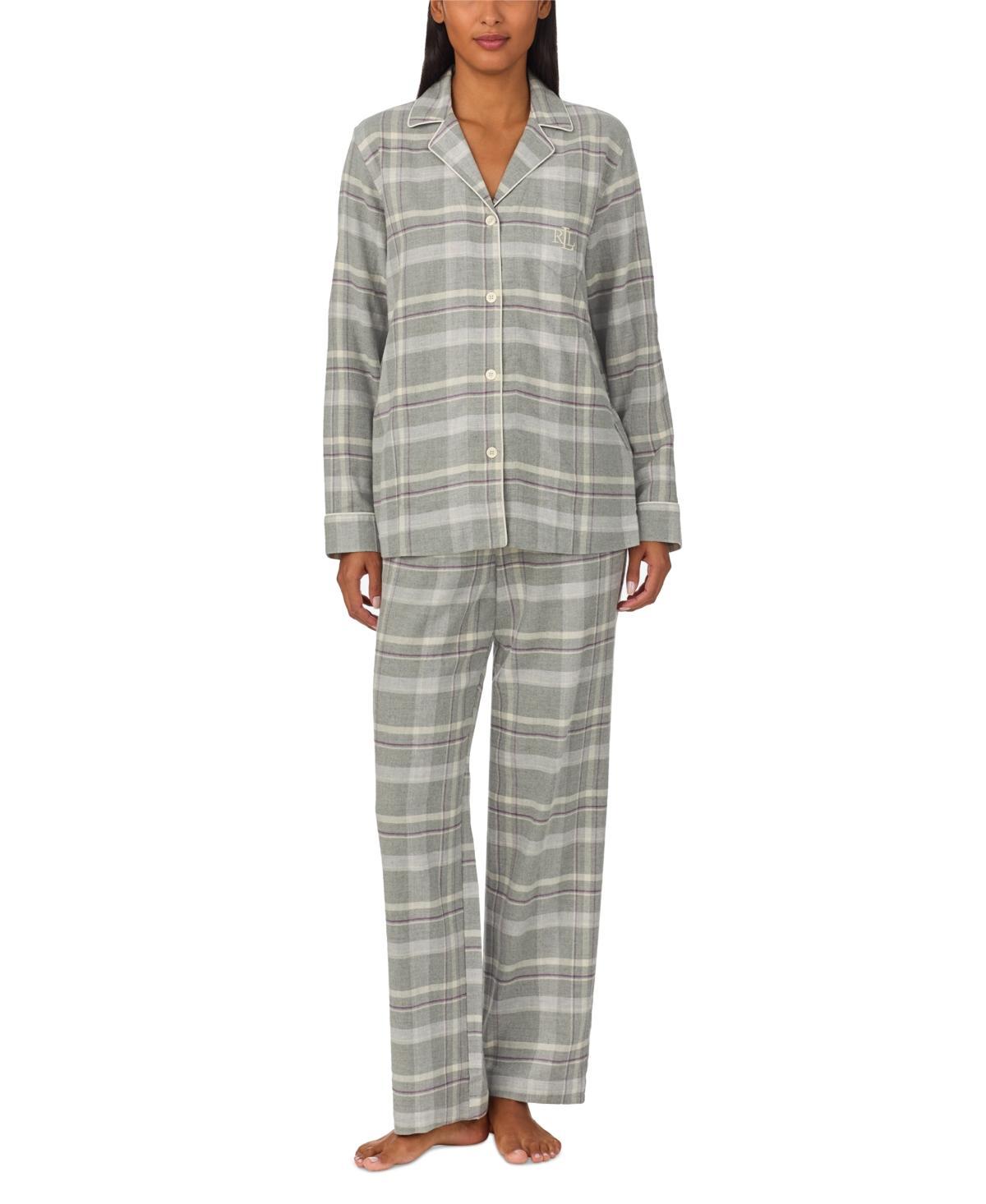 Lauren Ralph Lauren Lauren Ralph Lauren Long Sleeve Brushed Twill Notch Collar Pajama Set (Grey Heather) Women's Pajama Sets Product Image