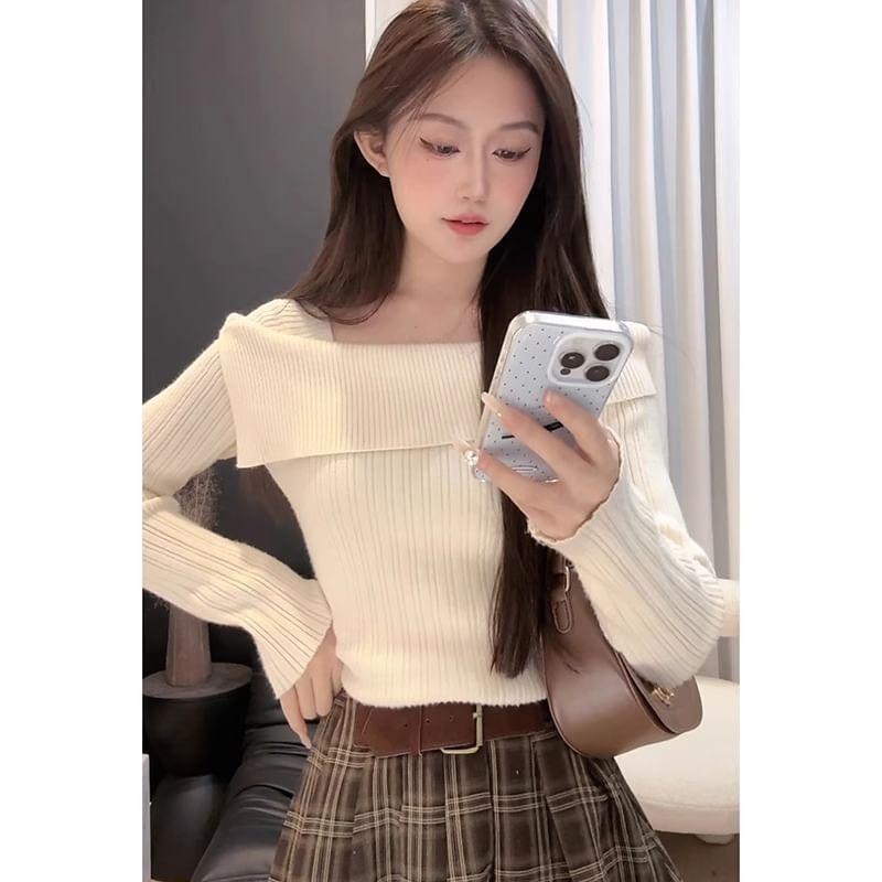 Asymmetrical Neck Plain Ribbed Sweater Product Image