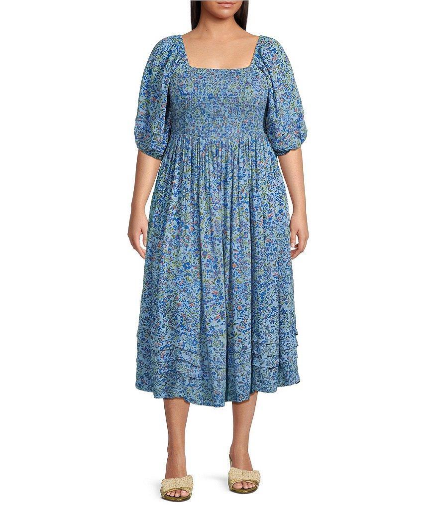 Jessica Simpson Plus Size Simona Floral Print Square Neck Smocked 3/4 Elbow Sleeve Pleated Midi Dress Product Image