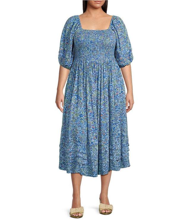 Jessica Simpson Plus Size Simona Floral Print Square Neck Smocked 3/4 Elbow Sleeve Pleated Midi Dress Product Image