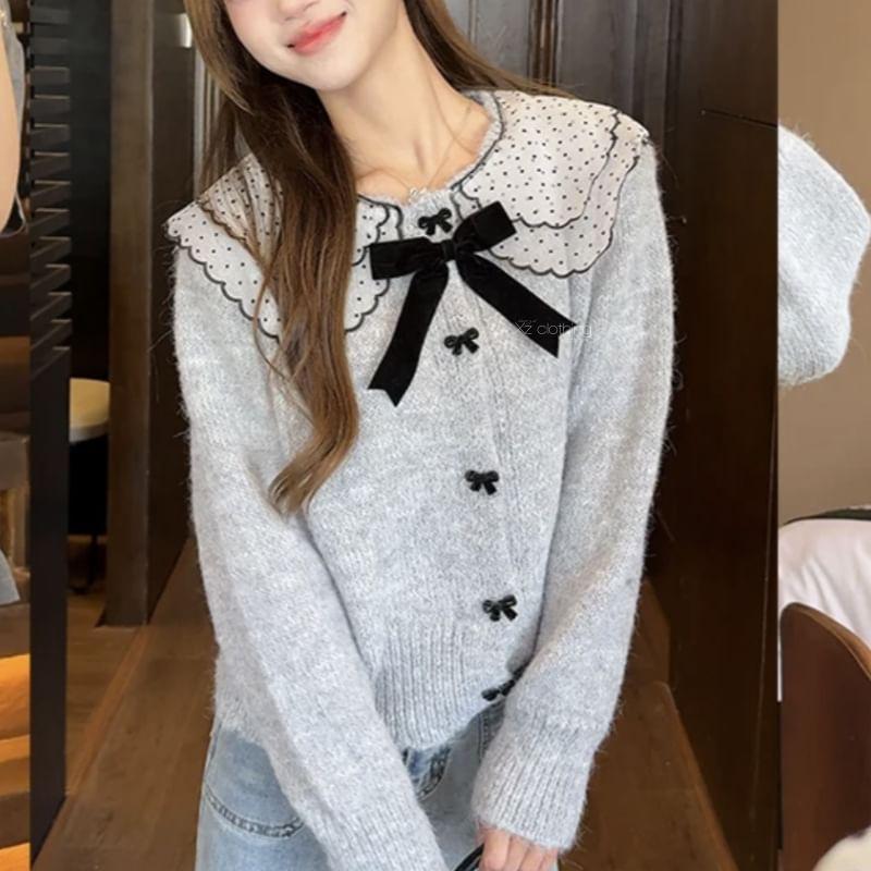 Long Sleeve Doll Collar Bow Accent Loose-Fit Cardigan Product Image