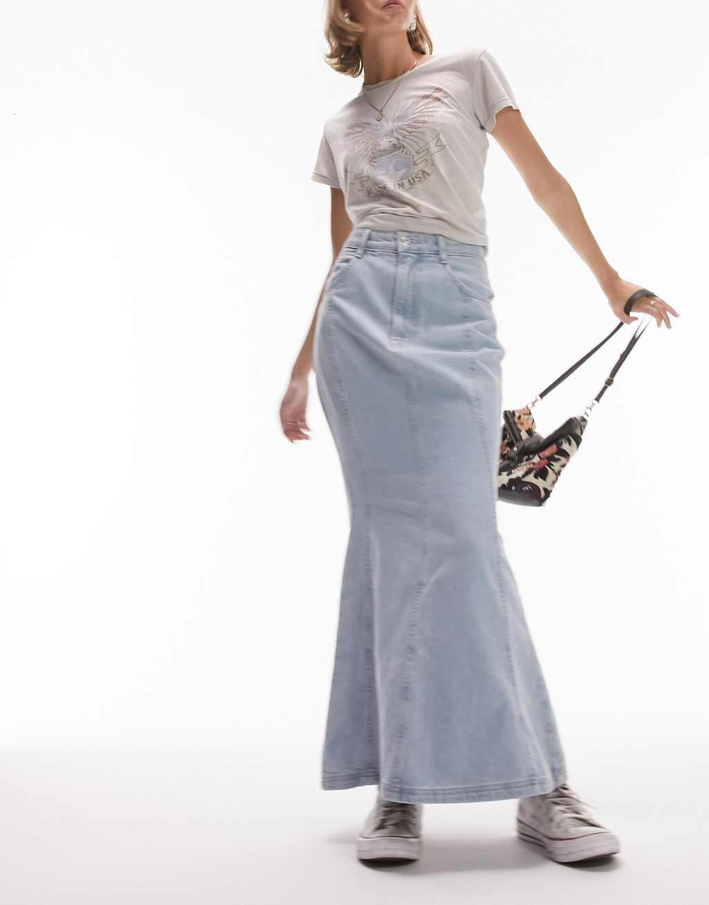 Topshop Petite high waist denim fishtail skirt in bleach Product Image