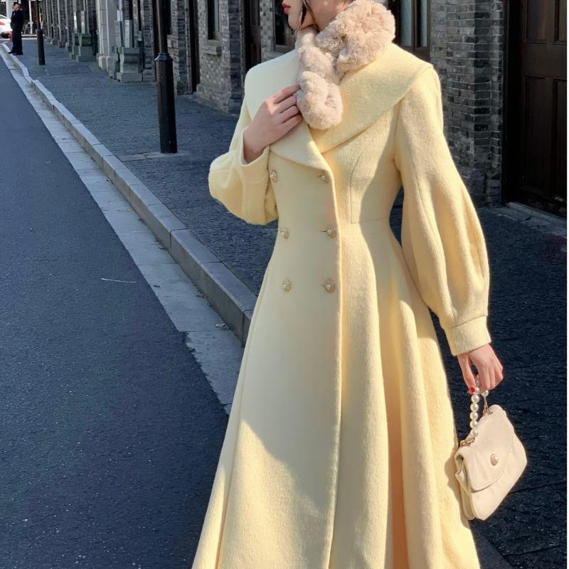 Shawl Collar Plain Midi Double Breasted Coat Product Image