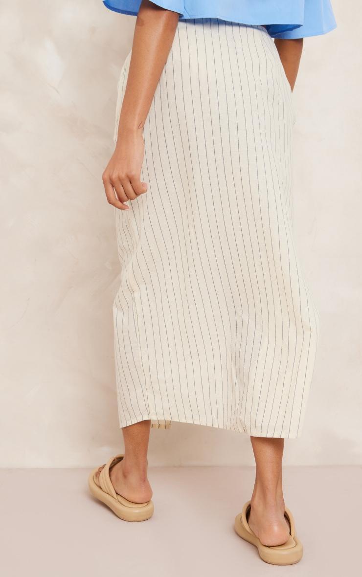 Off White Cotton Pinstripe Ruched Thigh Midi Skirt Product Image