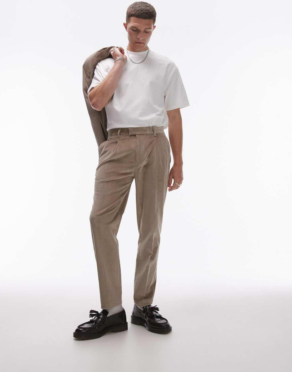 Topman tapered cord pants in stone Product Image