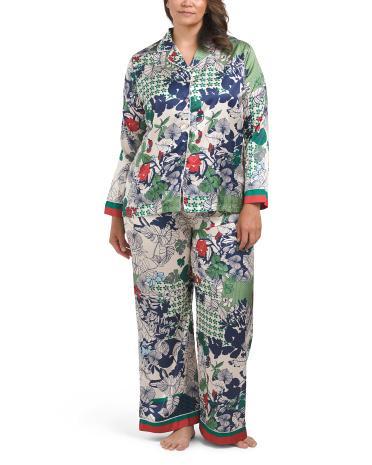 Plus 2pc Satin Floral Notch Long Pajama Set for Women Product Image