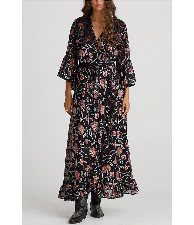 Talisman Carly Floral Velvet V-Neck 3/4 Fluted Sleeve Wrap Midi Dress Product Image