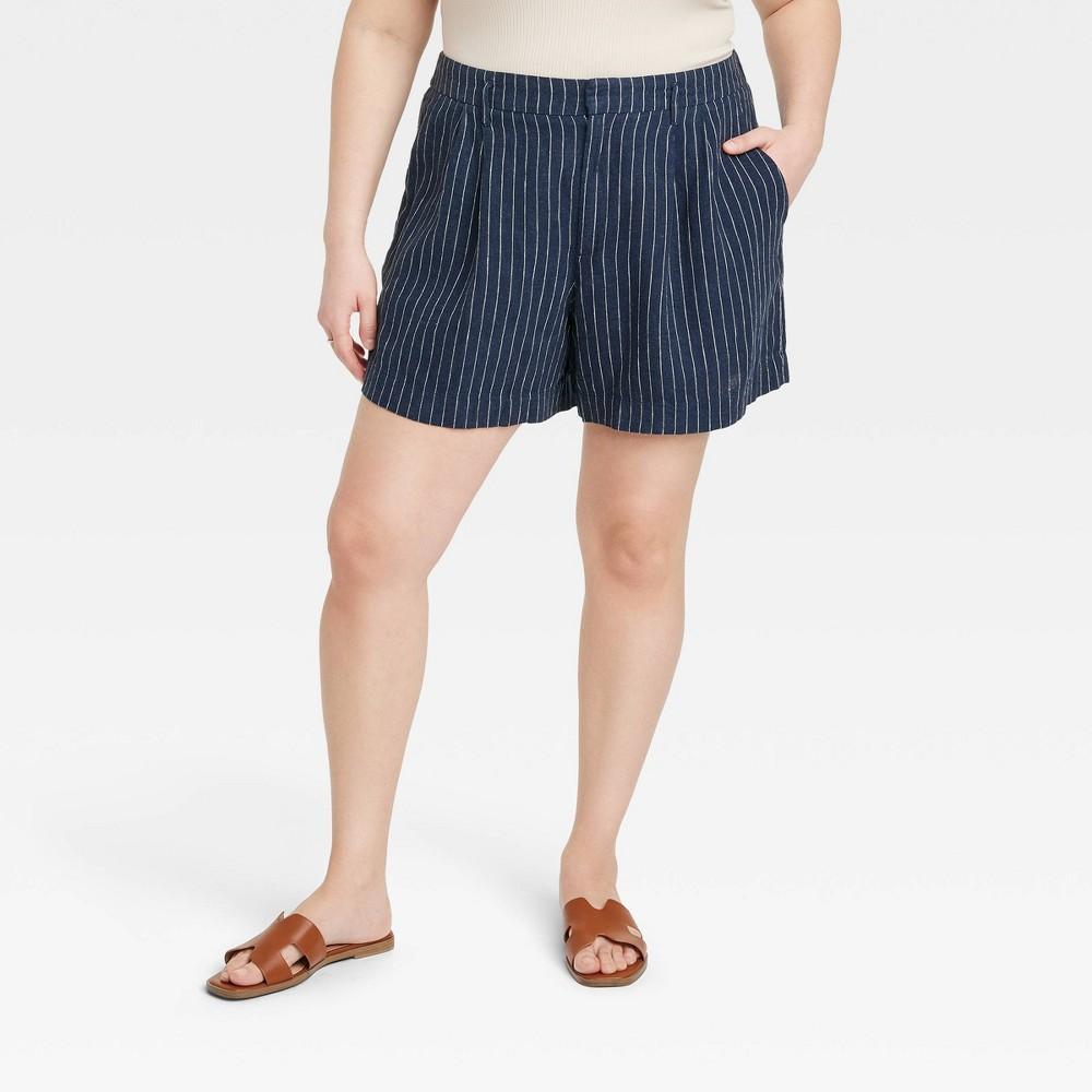 Womens High-Rise Pleated Front Shorts - A New Day Navy/White Pinstripe 24 product image