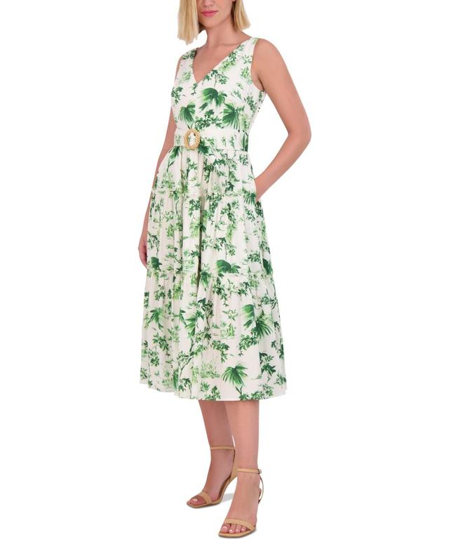 Women's Belted Printed V-Neck Midi Dress Product Image