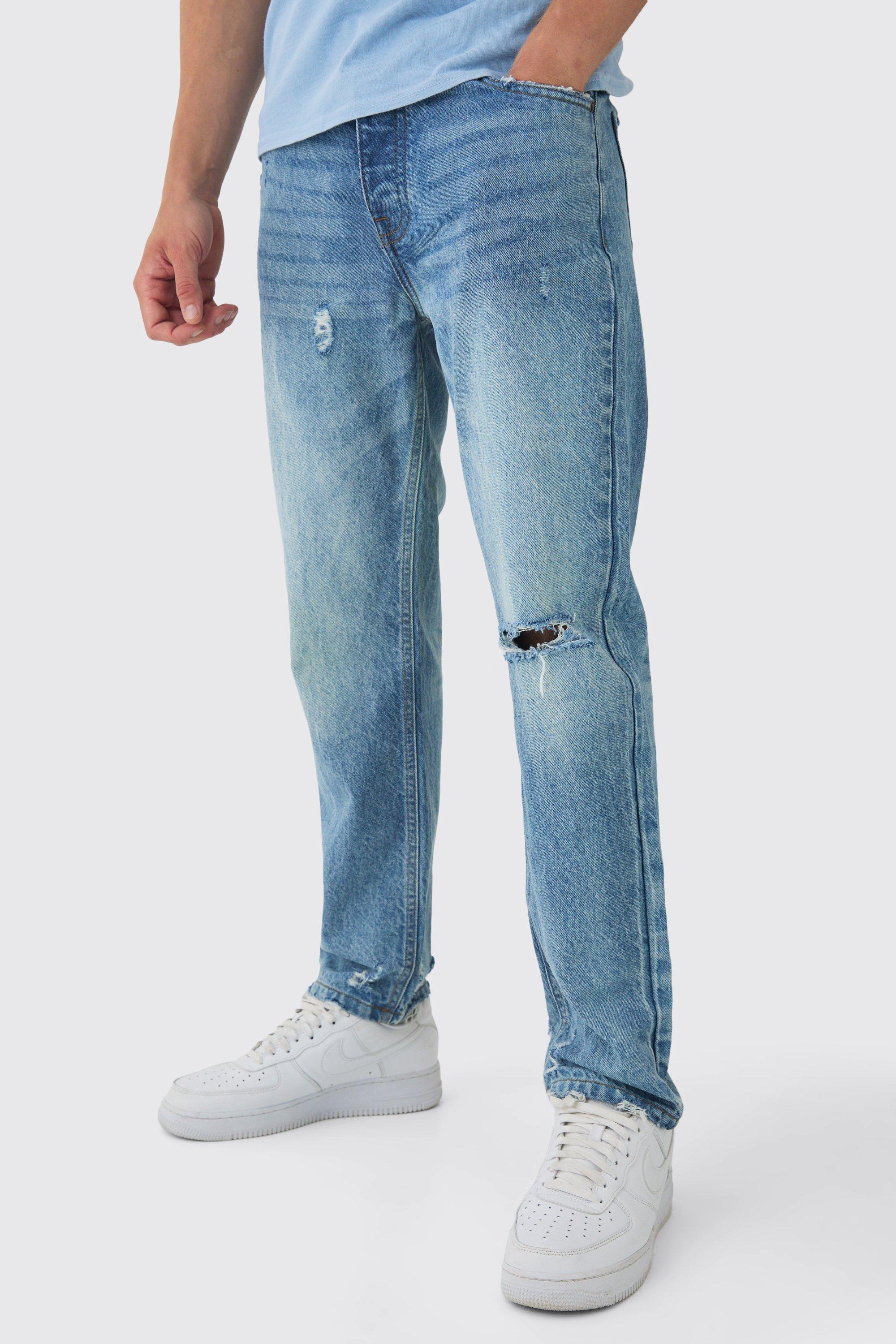 Mens Blue Relaxed Fit Ripped Knee Jeans, Blue Product Image