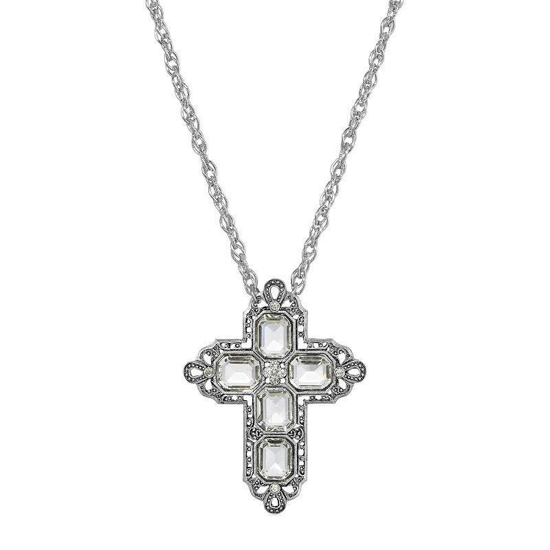 1928 Silver Tone Rectangle Simulated Crystal Cross Chain Necklace, Womens, Clear Product Image