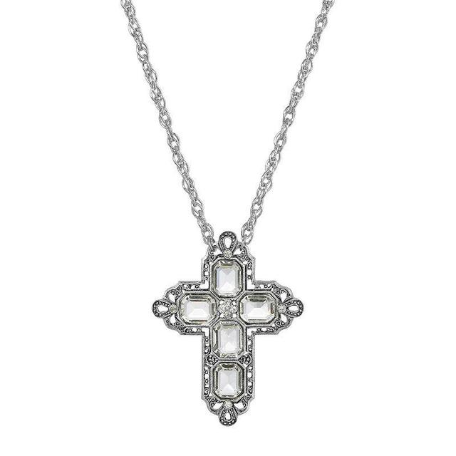 1928 Silver Tone Rectangle Simulated Crystal Cross Chain Necklace, Womens, Clear Product Image