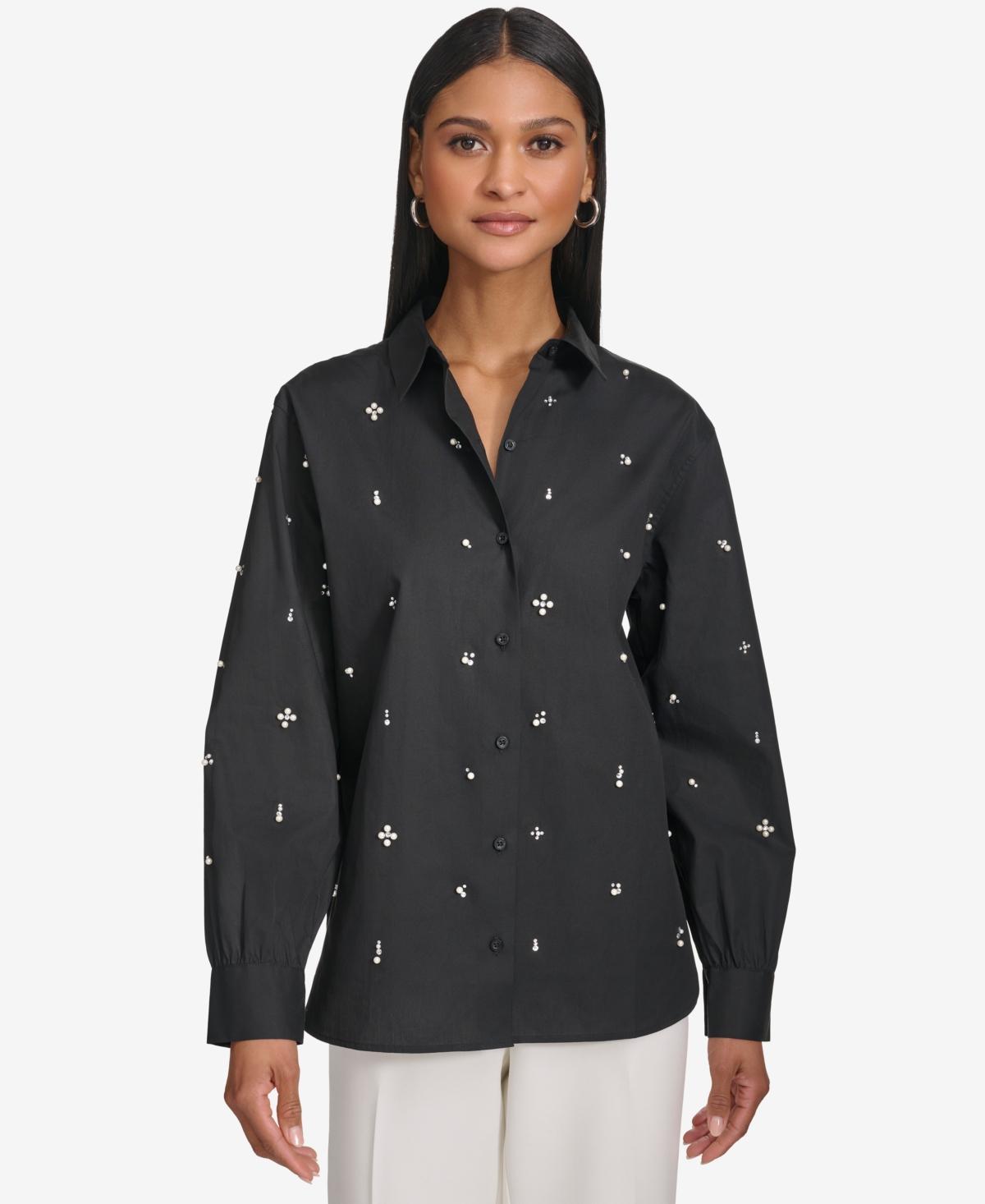 Karl Lagerfeld Womens Cotton Embellished Long-Sleeve Blouse Product Image