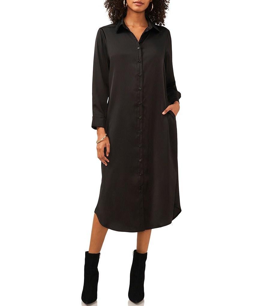 Vince Camuto Heavy Charmeuse Point Collar Long Sleeve Pocketed Midi Shirt Dress Product Image