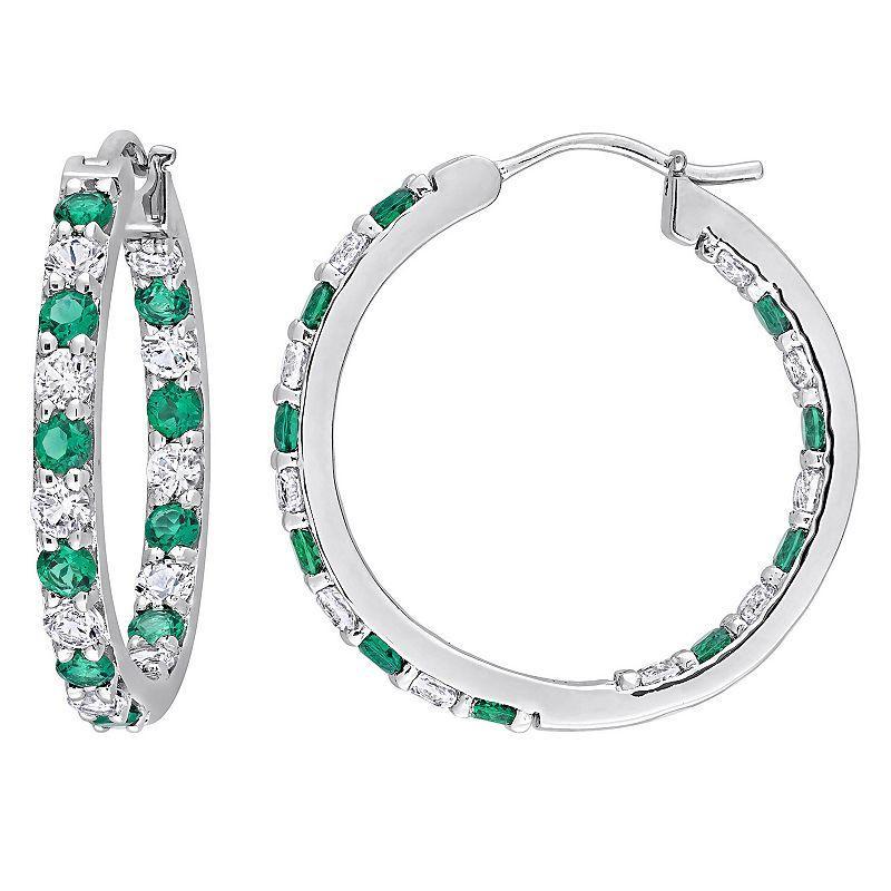 Stella Grace Sterling Silver Lab-Created Emerald & Lab-Created White Sapphire Inside-Outside Hoop Earrings, Womens Product Image