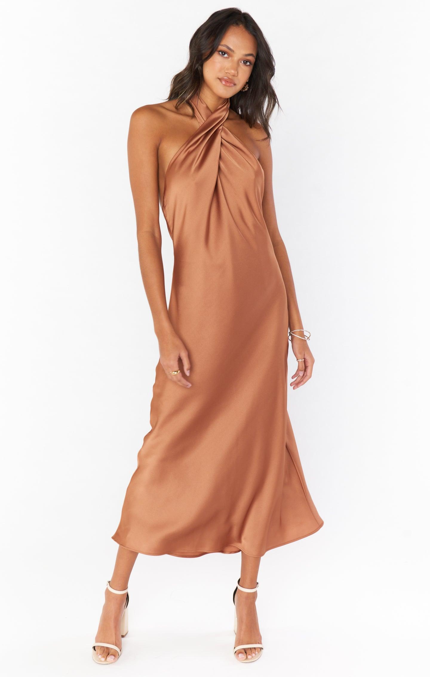 Jasmine Halter Midi Dress ~ Copper Luxe Satin Product Image