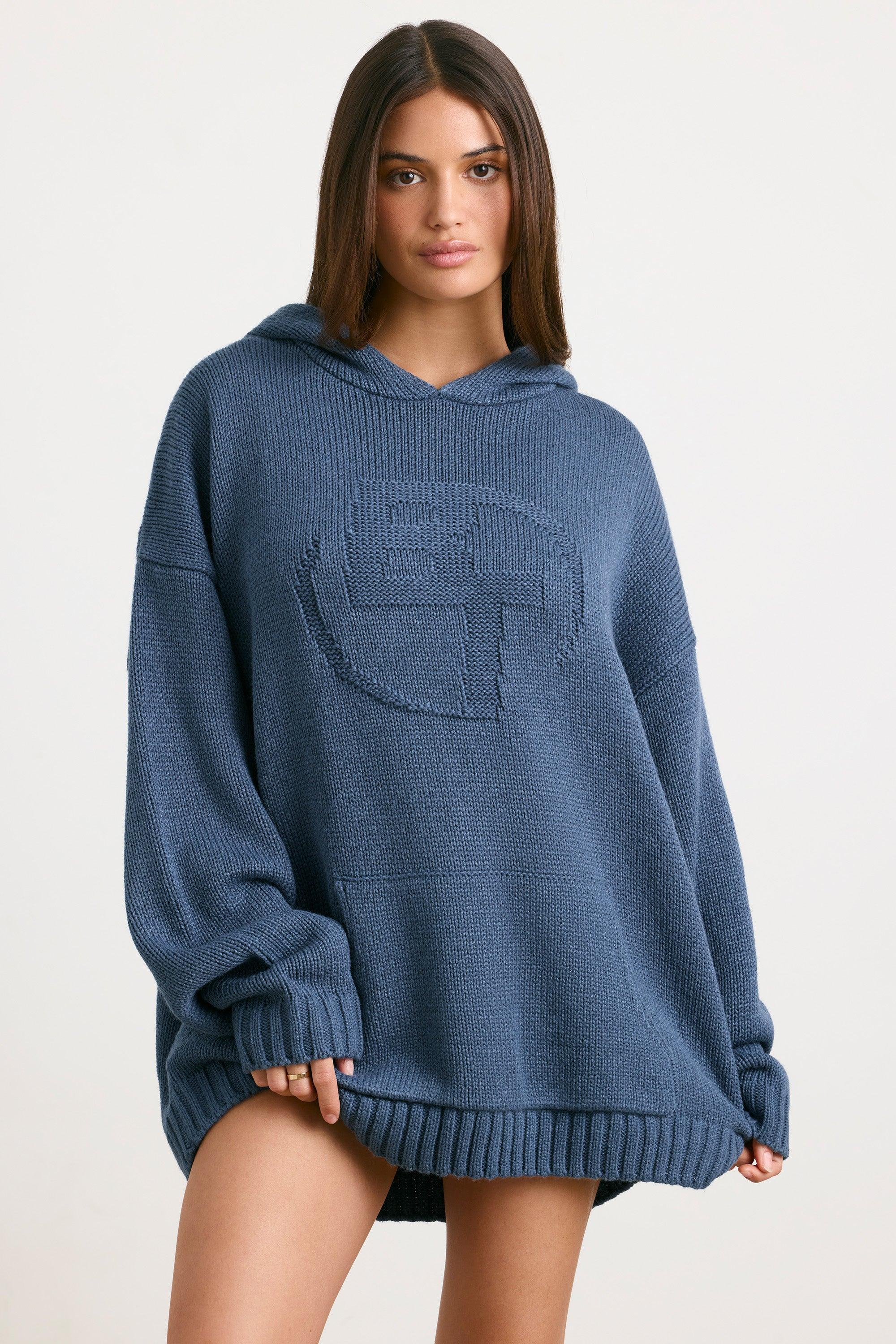 Oversized Chunky Knit Hoodie in Washed Navy Product Image