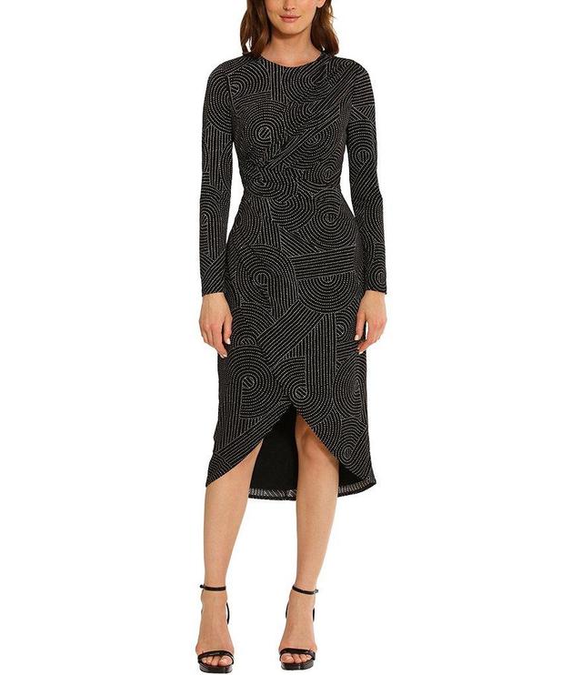 Maggy London Printed Jewel Neckline Long Sleeve Draped Dress Product Image