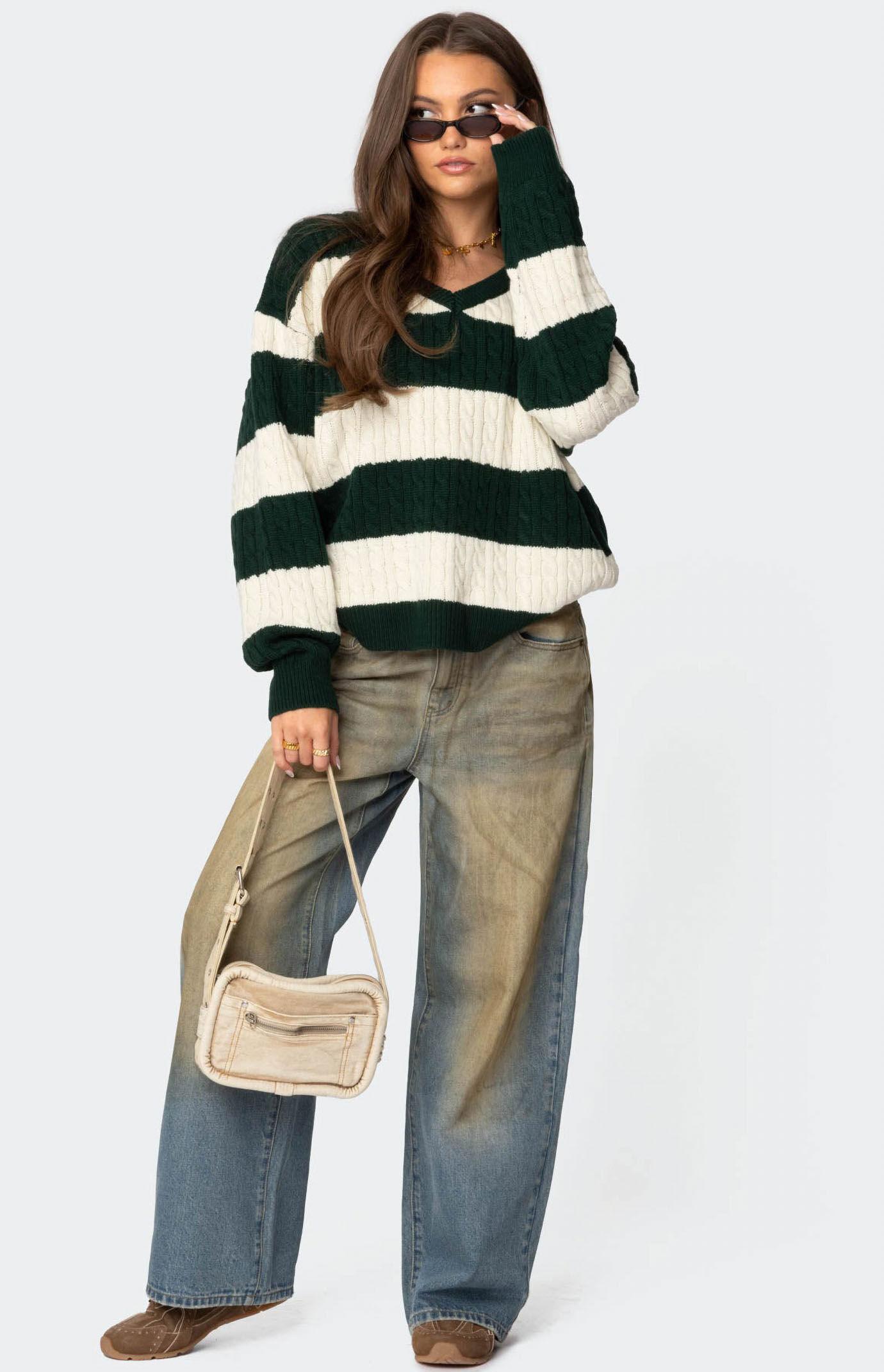 Edikted Women's Oversized Striped Cable Knit Sweater Product Image