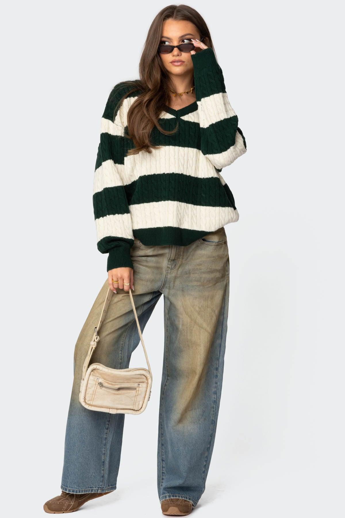 Oversized Striped Cable Knit Sweater Product Image