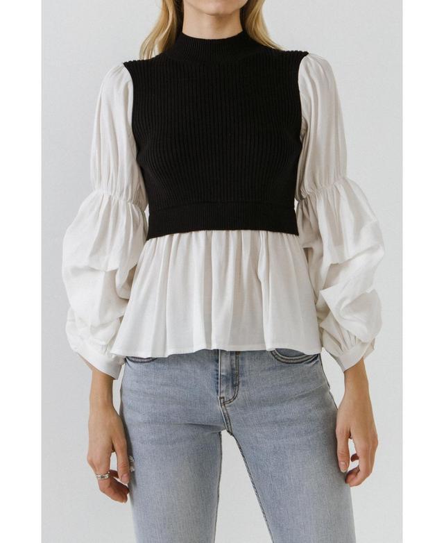 English Factory Mixed Media Puff Sleeve Top Product Image