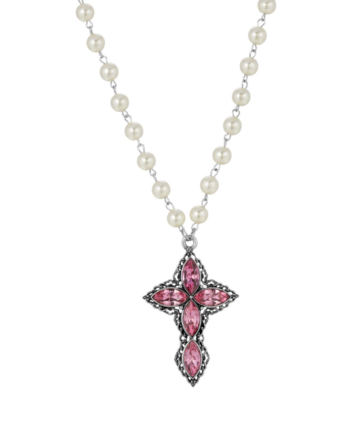 1928 Silver Tone Crystal Diamond Shaped Stones Cross Simulated Pearl Necklace, Womens, Pink Product Image