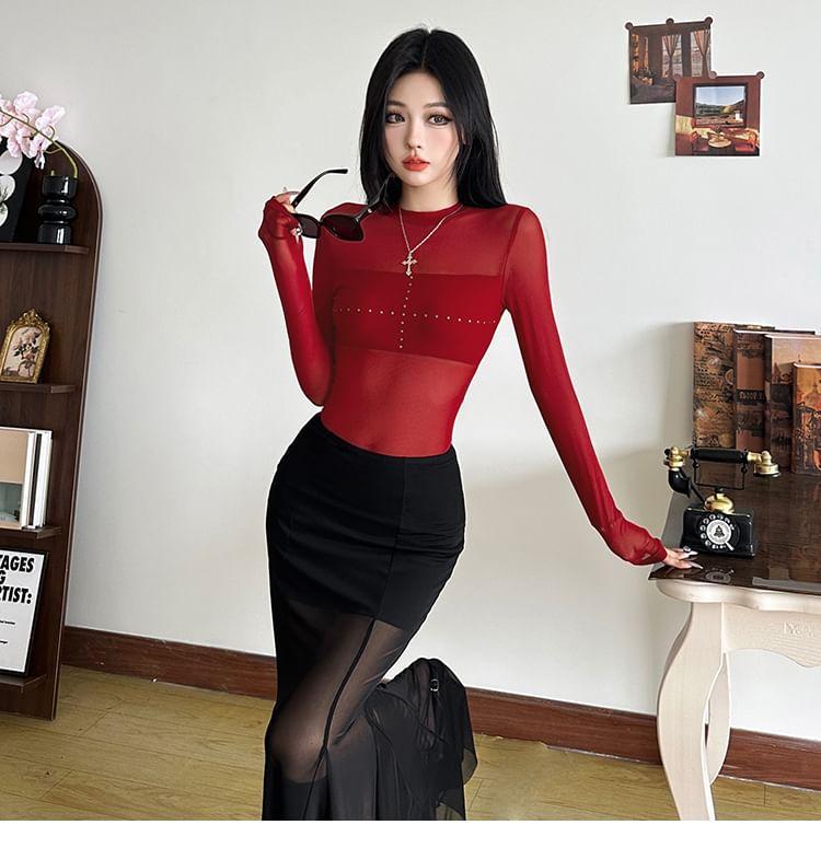 Long-Sleeve Mock Neck Cross Rhinestone Mesh Slim Fit Top Product Image