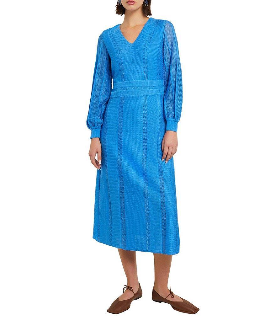 MISOOK Knit V-Neck Long Bishop Sleeve A-Line Midi Dress Product Image