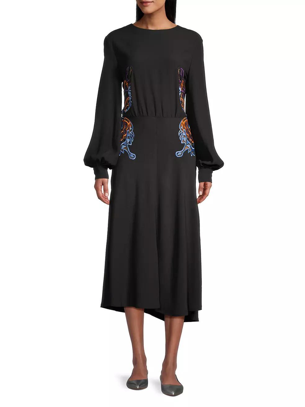 Embroidered Balloon-Sleeve Midi-Dress Product Image